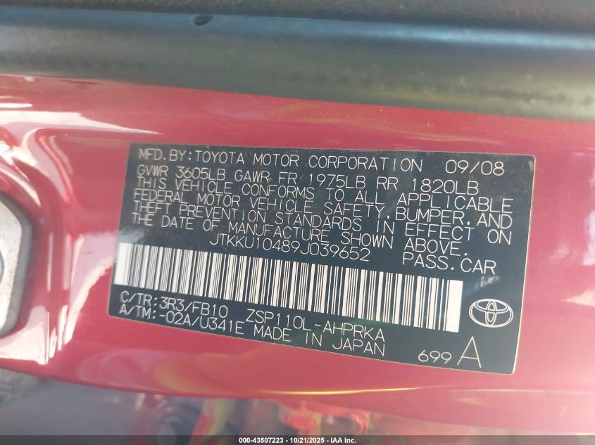 2009 Scion Xd VIN: JTKKU10489J039652 Lot: 43507223