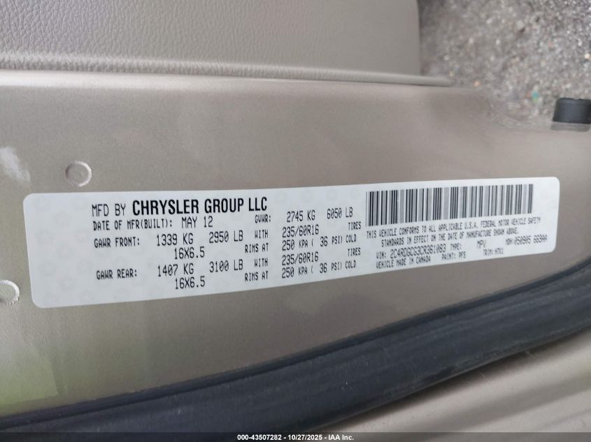 2012 Dodge Grand Caravan Sxt VIN: 2C4RDGCG3CR361083 Lot: 43507282