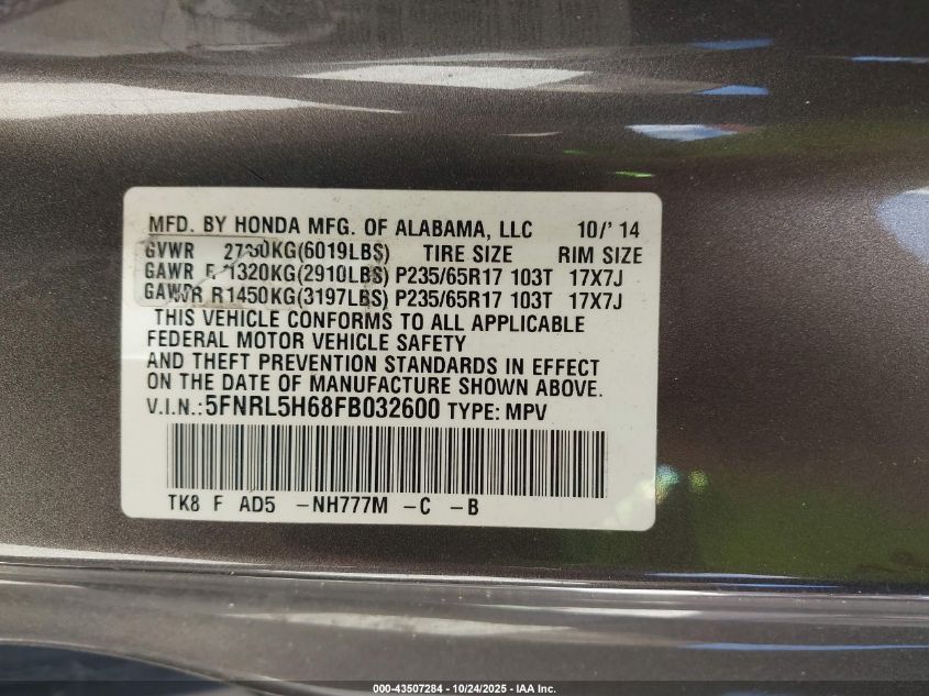2015 Honda Odyssey Ex-L VIN: 5FNRL5H68FB032600 Lot: 43507284