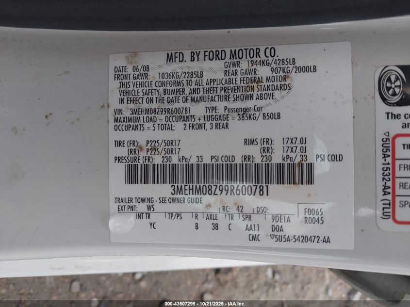 2009 Mercury Milan I4 Premier VIN: 3MEHM08Z99R600781 Lot: 43507299