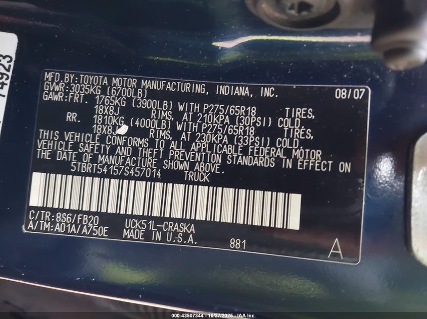 5TBRT54157S457014 2007 TOYOTA TUNDRA photo no. 9