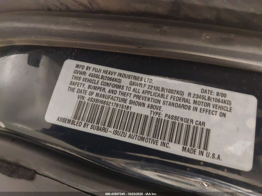 2001 Subaru Outback VIN: 4S3BH665217615181 Lot: 43507345