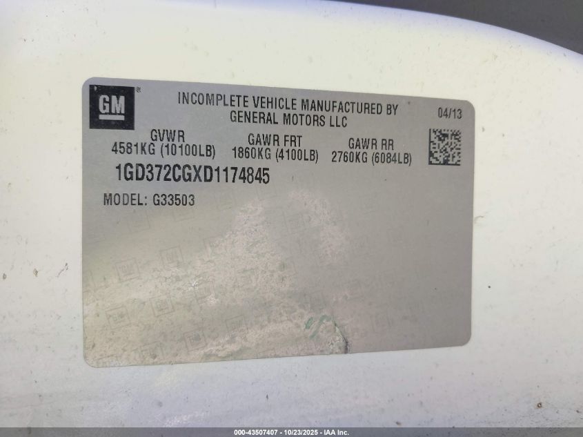 2013 GMC Savana Cutaway 3500 VIN: 1GD372CGXD1174845 Lot: 43507407