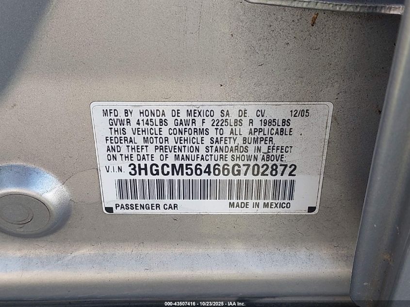 2006 Honda Accord 2.4 Lx VIN: 3HGCM56466G702872 Lot: 43507416
