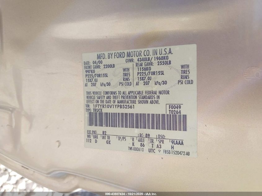 2000 Ford Ranger Xl/Xlt VIN: 1FTYR10V1YPB52561 Lot: 43507434