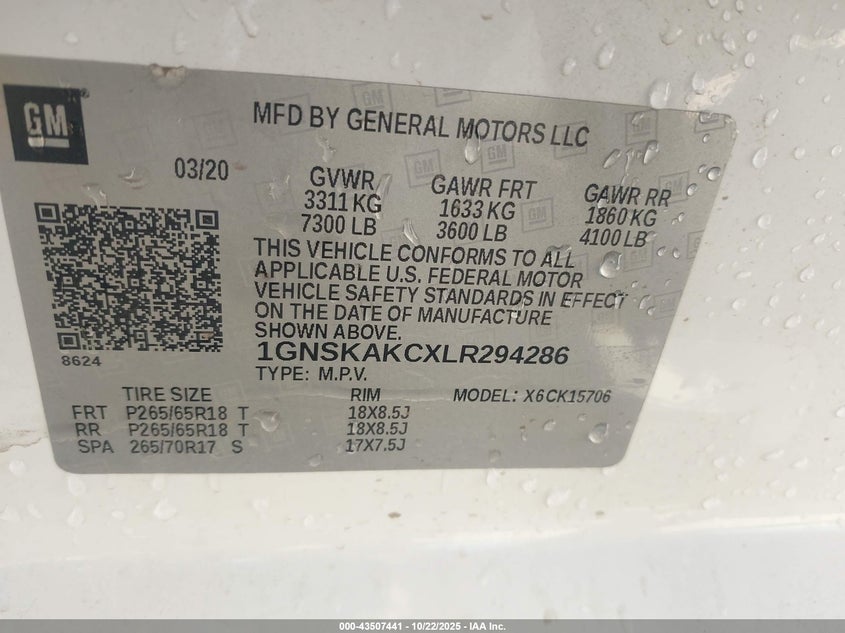 2020 CHEVROLET TAHOE 4WD LS 1GNSKAKCXLR294286