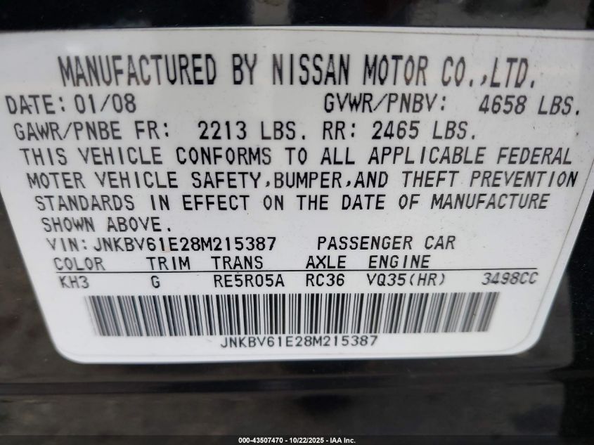 2008 Infiniti G35 Journey VIN: JNKBV61E28M215387 Lot: 43507470