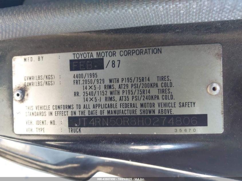 1987 Toyota Pickup 1/2 Ton Rn50 VIN: JT4RN50R8H0274806 Lot: 43507490