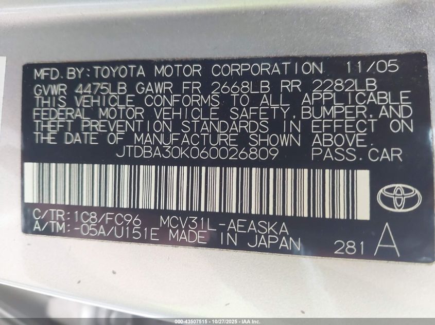2006 Toyota Camry Se V6 VIN: JTDBA30K060026809 Lot: 43507515