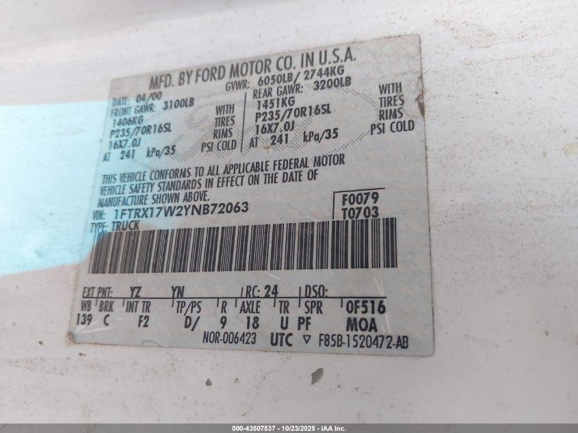 2000 Ford F-150 Lariat/Work Series/Xl/Xlt VIN: 1FTRX17W2YNB72063 Lot: 43507537