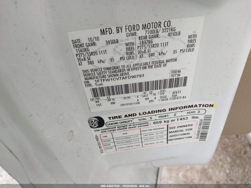 2010 Ford F-150 Fx2 Sport/Harley-Davidson/King Ranch/Lariat/Platinum/Xl/Xlt VIN: 1FTFW1CV7AFD90793 Lot: 43507538