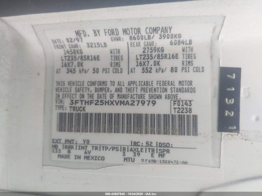 1997 Ford F-250 Xl VIN: 3FTHF25HXVMA27979 Lot: 43507540