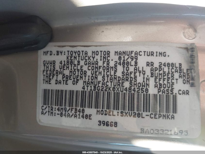 1999 Toyota Camry Le VIN: 4T1BG22K0XU484250 Lot: 43507549