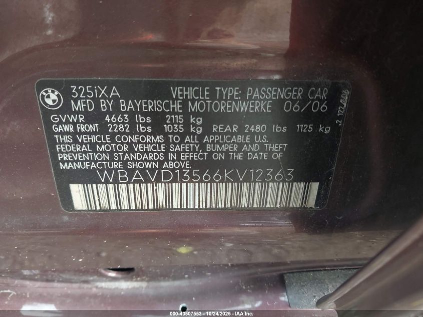 2006 BMW 325 Xi VIN: WBAVD13566KV12363 Lot: 43507553
