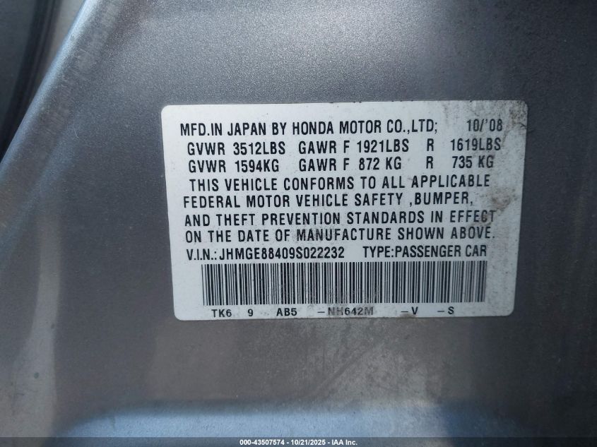 2009 Honda Fit Sport VIN: JHMGE88409S022232 Lot: 43507574