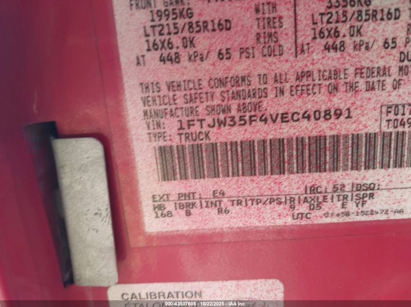1997 Ford F-350 Xl VIN: 1FTJW35F4VEC40891 Lot: 43507605