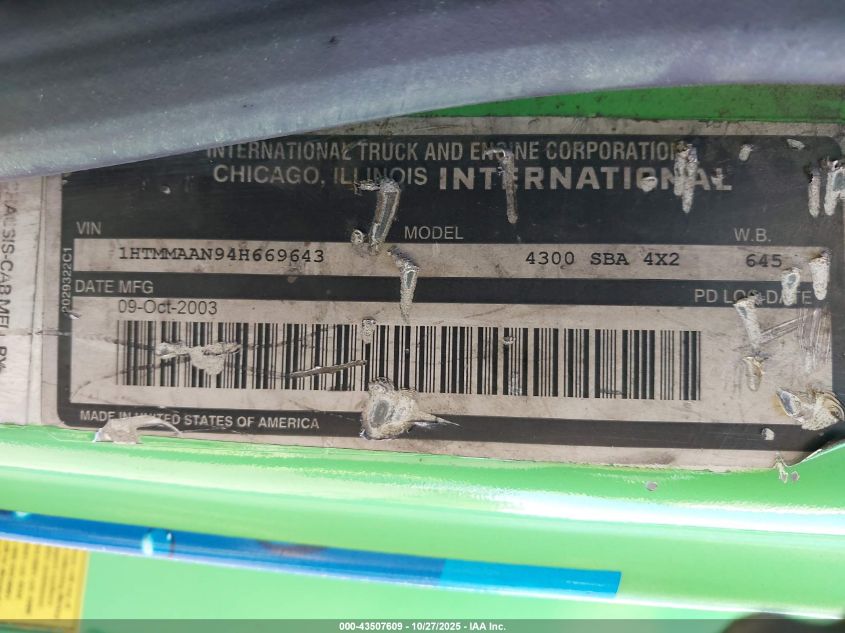 2004 International 4000 4300 VIN: 1HTMMAAN94H669643 Lot: 43507609