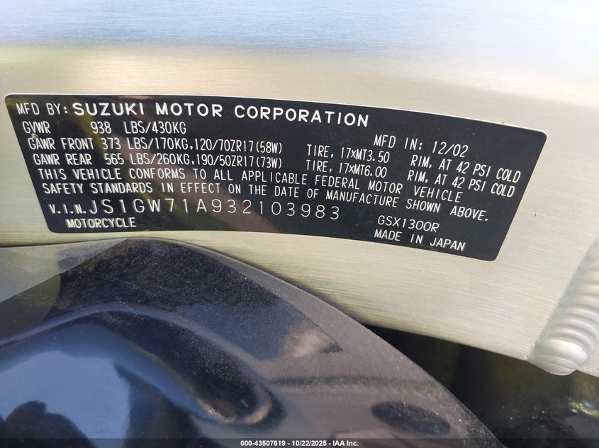 2003 Suzuki Gsx1300 R VIN: JS1GW71A932103983 Lot: 43507619