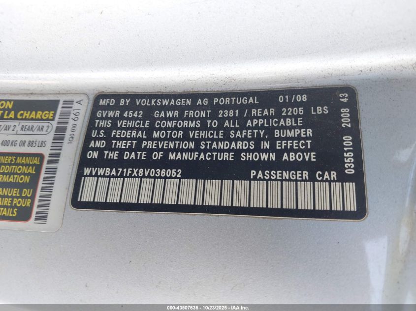 2008 Volkswagen Eos Turbo VIN: WVWBA71FX8V036052 Lot: 43507636