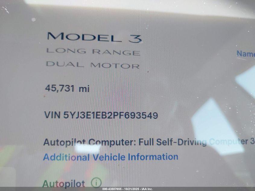 2023 Tesla Model 3 Long Range Dual Motor All-Wheel Drive VIN: 5YJ3E1EB2PF693549 Lot: 43507655