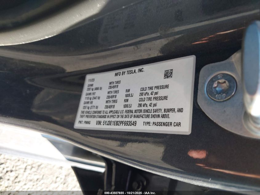 2023 Tesla Model 3 Long Range Dual Motor All-Wheel Drive VIN: 5YJ3E1EB2PF693549 Lot: 43507655