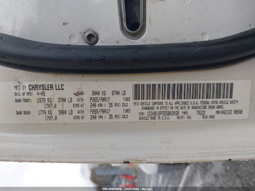 2009 Dodge Ram 1500 Slt/Sport/Trx VIN: 1D3HB18P59S802038 Lot: 43507659