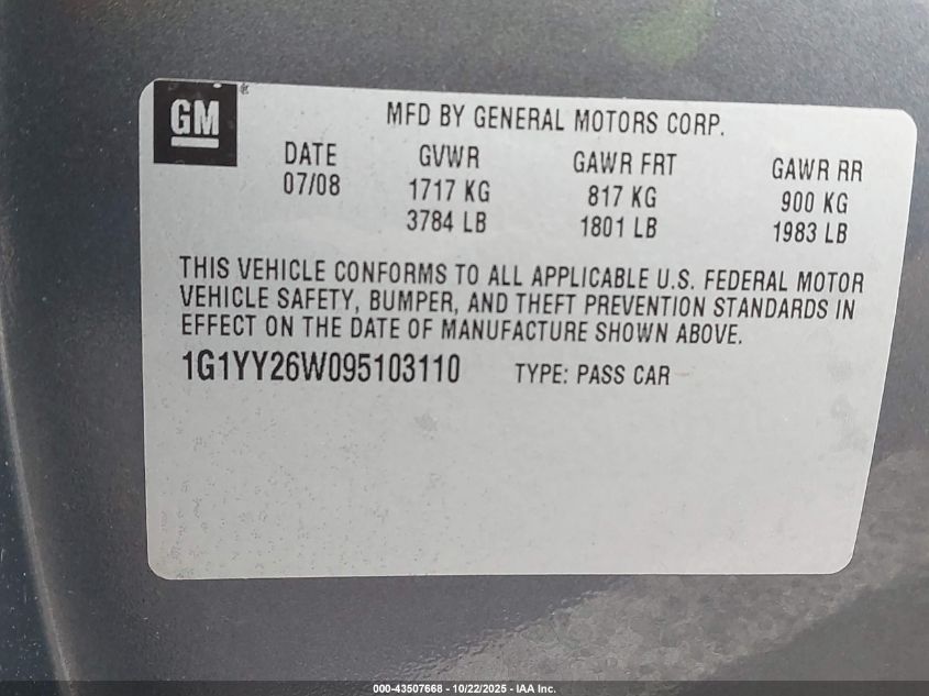 2009 Chevrolet Corvette VIN: 1G1YY26W095103110 Lot: 43507668