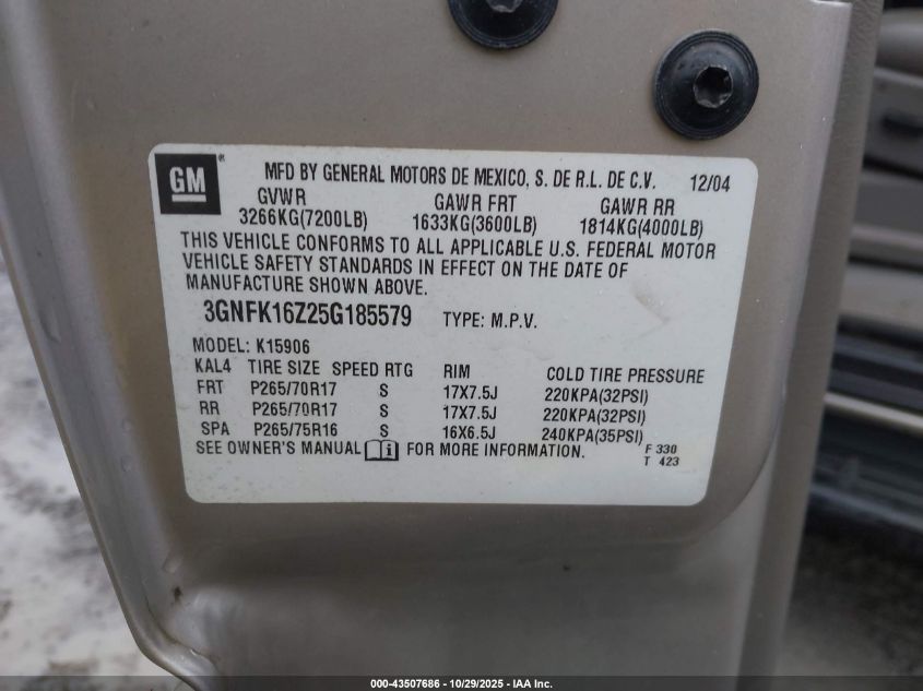 2005 Chevrolet Suburban 1500 Lt VIN: 3GNFK16Z25G185579 Lot: 43507686