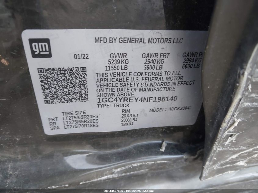 2022 Chevrolet Silverado 2500Hd 4Wd Long Bed High Country VIN: 1GC4YREY4NF196140 Lot: 43507696