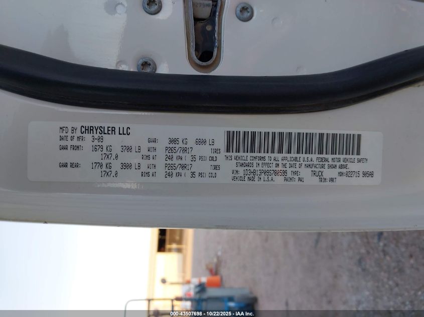 2009 Dodge Ram 1500 Slt/Sport/Trx VIN: 1D3HB13P09S780599 Lot: 43507698