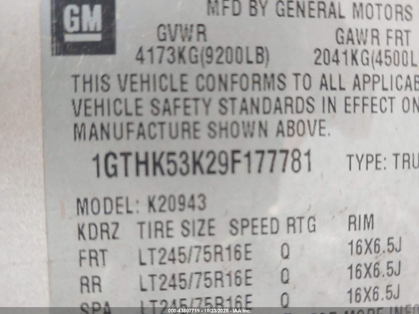 2009 GMC Sierra 2500Hd Sle VIN: 1GTHK53K29F177781 Lot: 43507719