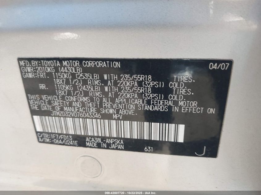 2007 Toyota Rav4 Sport VIN: JTMZD32V076043346 Lot: 43507720