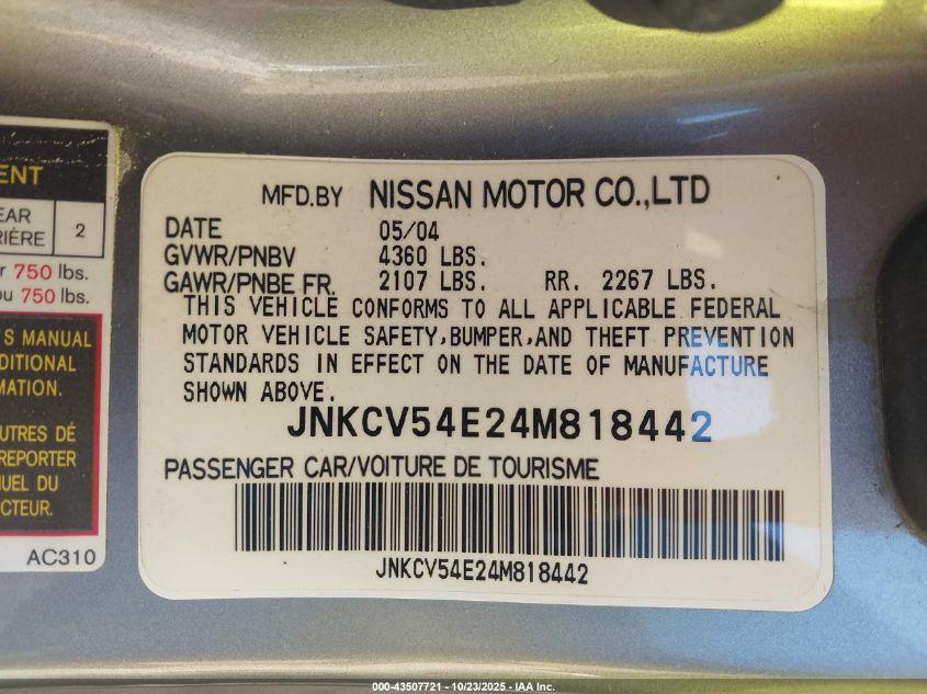 2004 Infiniti G35 VIN: JNKCV54E24M818442 Lot: 43507721