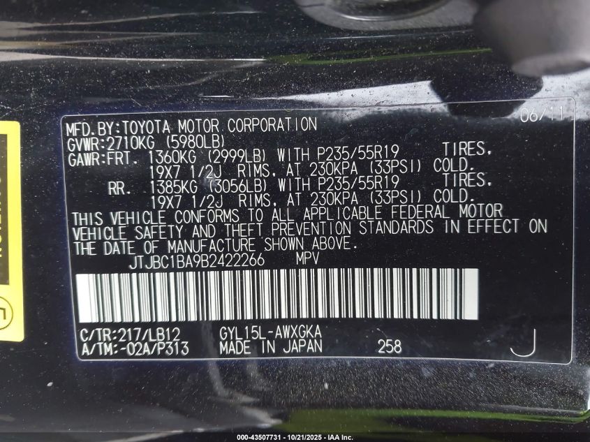 2011 Lexus Rx 450H VIN: JTJBC1BA9B2422266 Lot: 43507731