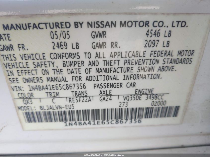 2005 Nissan Maxima 3.5 Sl VIN: 1N4BA41E65C867356 Lot: 43507743
