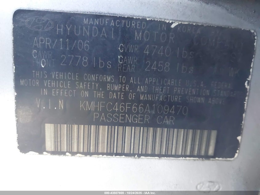 2006 Hyundai Azera Limited/Se VIN: KMHFC46F66A109470 Lot: 43507808