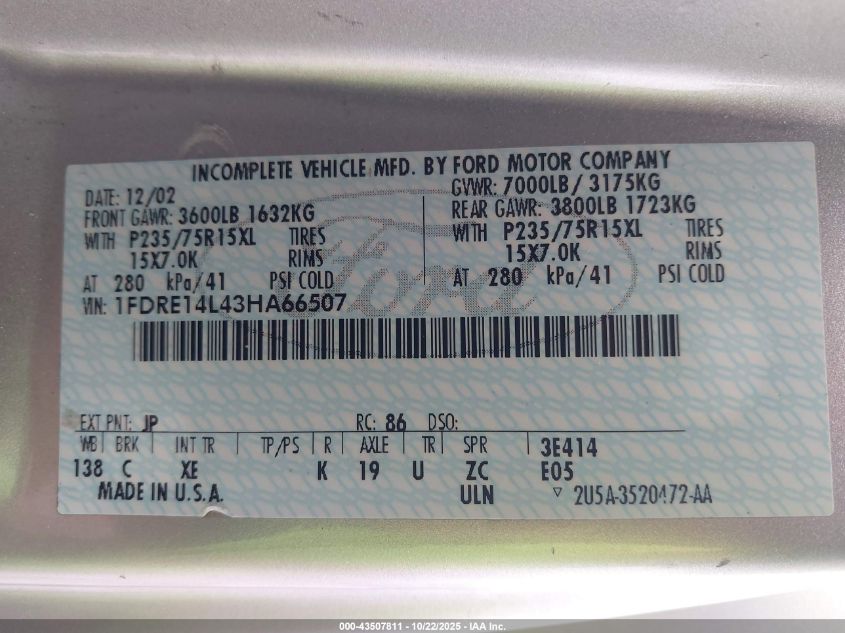 2003 Ford E-150 Recreational VIN: 1FDRE14L43HA66507 Lot: 43507811