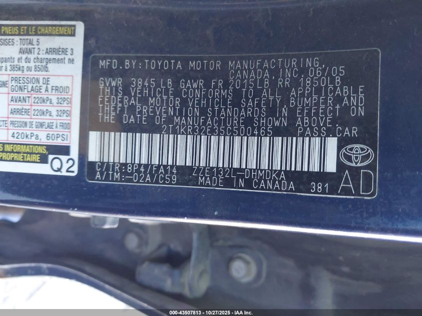 2005 Toyota Corolla Matrix Xr VIN: 2T1KR32E35C500465 Lot: 43507813