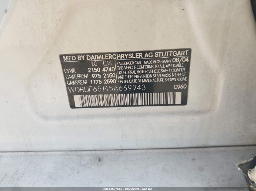 2005 Mercedes-Benz E 320 VIN: WDBUF65J45A669943 Lot: 43507845