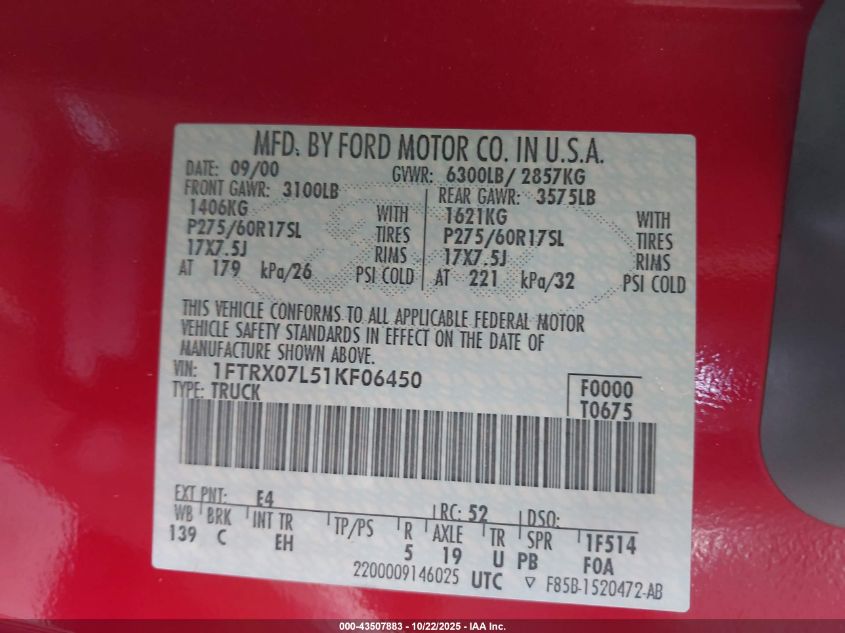 2001 Ford F-150 Lariat/Xl/Xlt VIN: 1FTRX07L51KF06450 Lot: 43507883