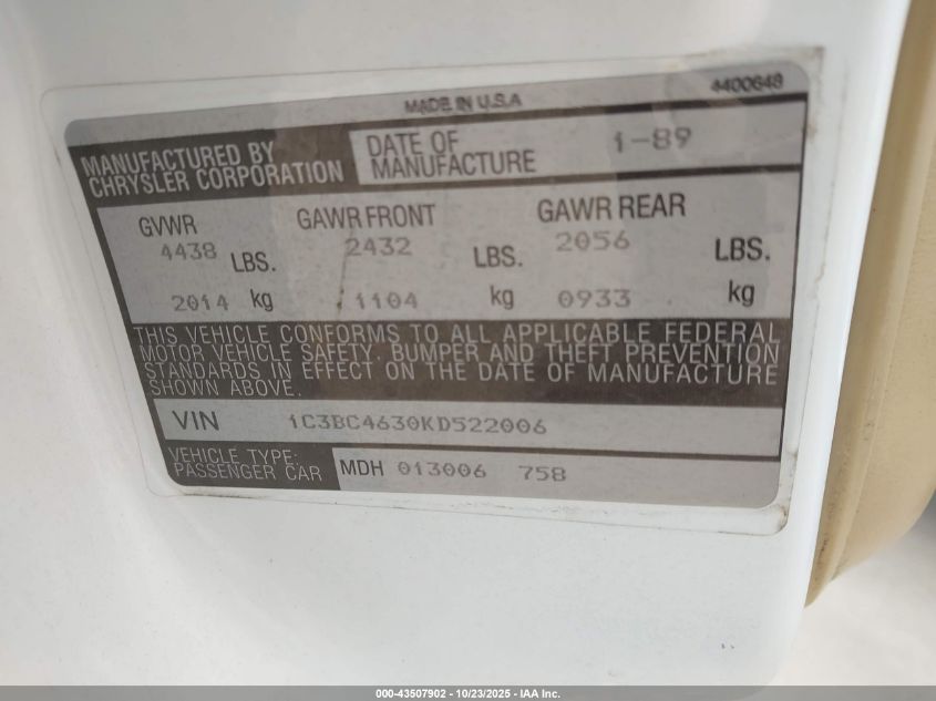 1989 Chrysler New Yorker C-Body VIN: 1C3BC4630KD522006 Lot: 43507902
