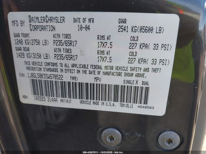 2005 Jeep Liberty Limited Edition VIN: 1J8GL58K55W578522 Lot: 43507911