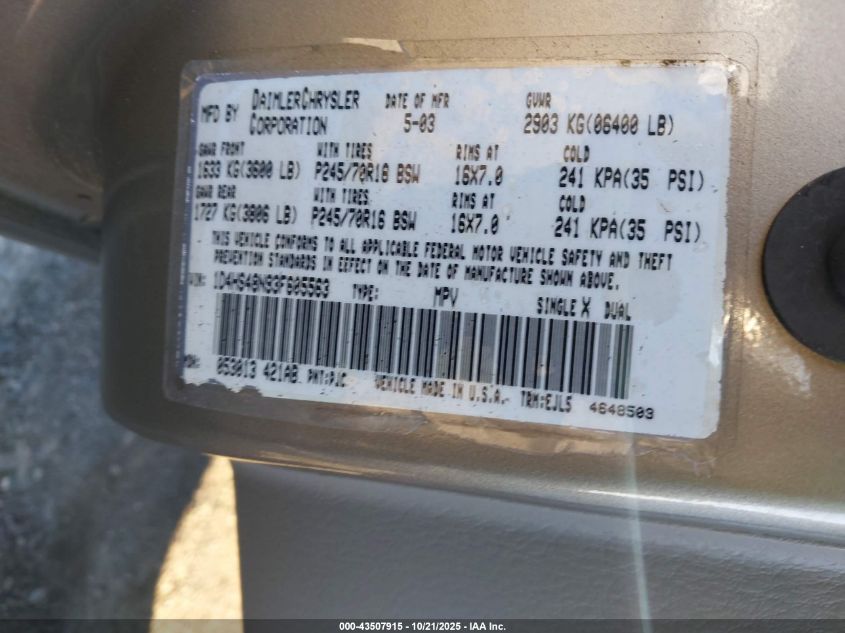 2003 Dodge Durango Slt VIN: 1D4HS48N93F605563 Lot: 43507915