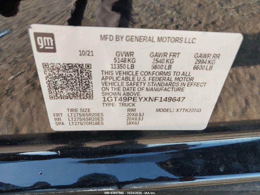 2022 GMC Sierra 2500Hd 4Wd Standard Bed At4 VIN: 1GT49PEYXNF149647 Lot: 43507960