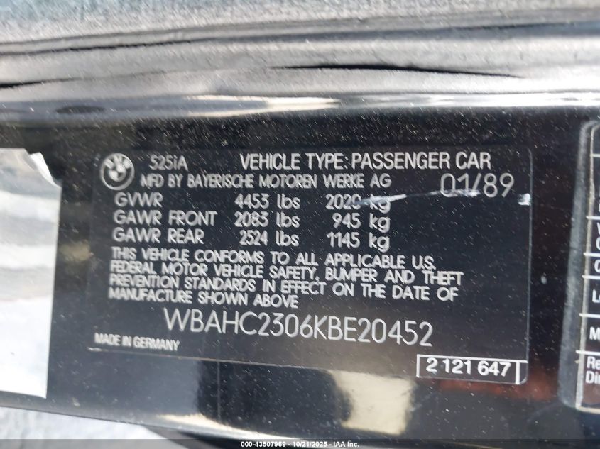 1989 BMW 525 I Automatic VIN: WBAHC2306KBE20452 Lot: 43507969