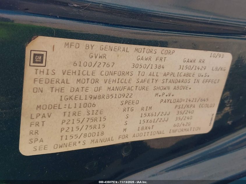 1994 GMC Safari Xt VIN: 1GKEL19W8RB510922 Lot: 43507974