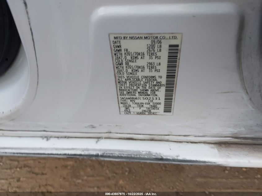 2007 Nissan Xterra S VIN: 5N1AN08U67C502531 Lot: 43507975