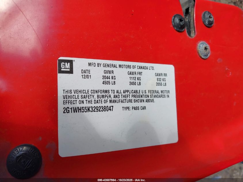 2002 Chevrolet Impala Ls VIN: 2G1WH55K329238047 Lot: 43507984