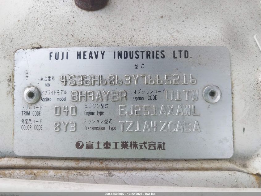 2000 Subaru Outback Limited VIN: 4S3BH6863Y7665216 Lot: 43508002