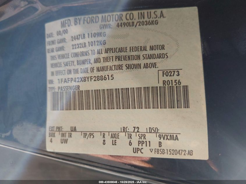 2000 Ford Mustang Gt VIN: 1FAFP42X8YF288615 Lot: 43508046